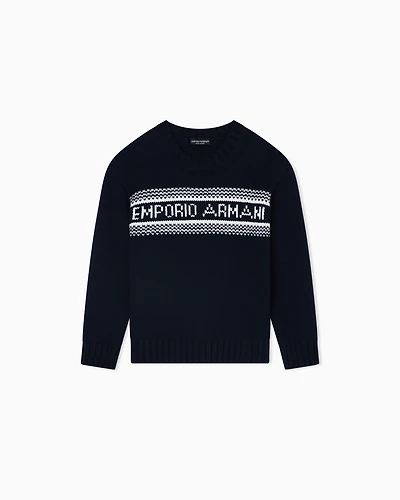 Emporio Armani - Virgin wool-blend jumper with jacquard logo, Boy, Blue, Size: