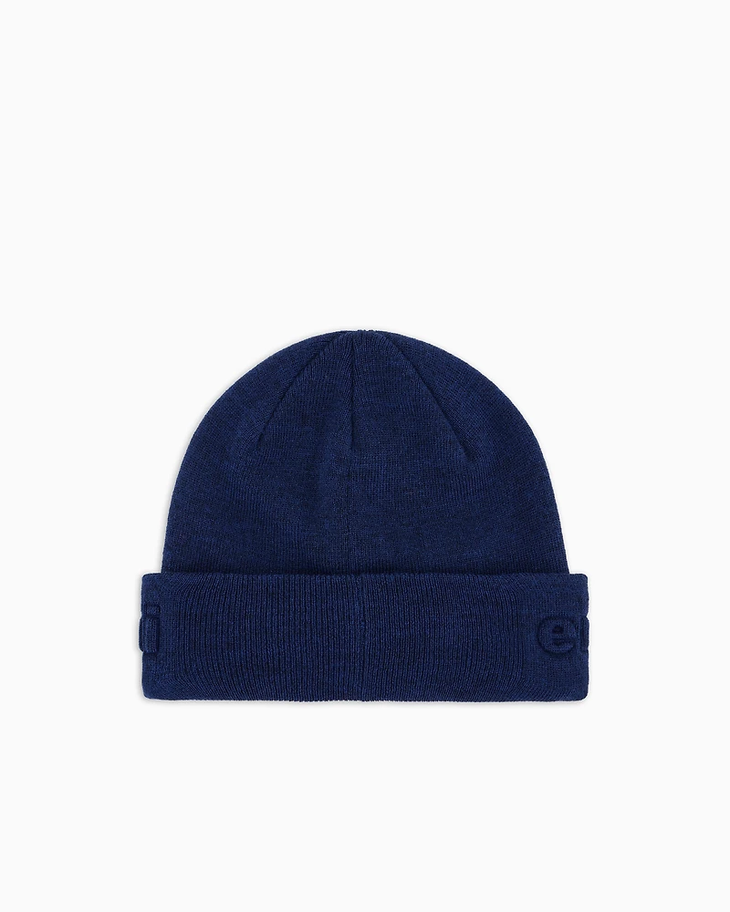 Emporio Armani - Virgin wool-blend beanie with logo, Boy, Blue, Size: