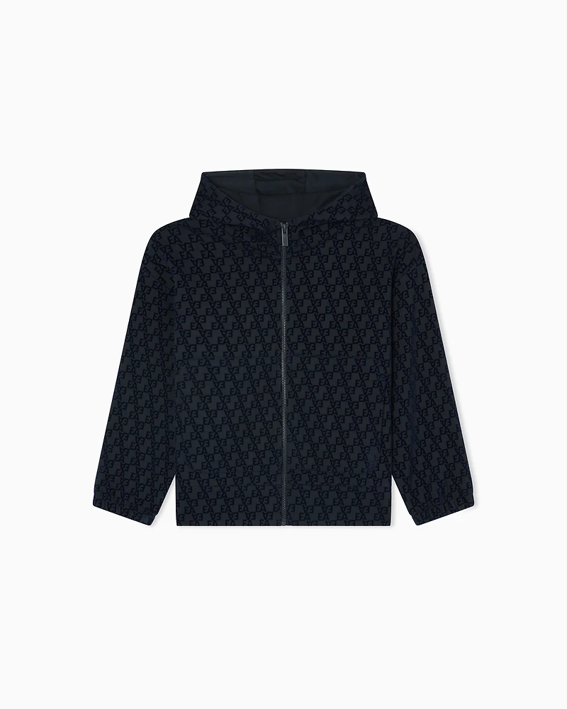 Emporio Armani - Oversized sweatshirt with a zip and hood, interlock jersey an all-over flocked EA logo, Boy, Navy Blue, Size: