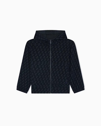Emporio Armani - Oversized sweatshirt with a zip and hood, interlock jersey an all-over flocked EA logo, Boy, Navy Blue, Size: