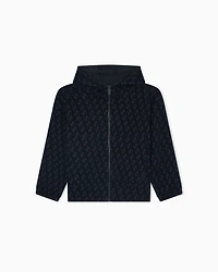 Emporio Armani - Oversized sweatshirt with a zip and hood, interlock jersey an all-over flocked EA logo, Boy, Navy Blue, Size: