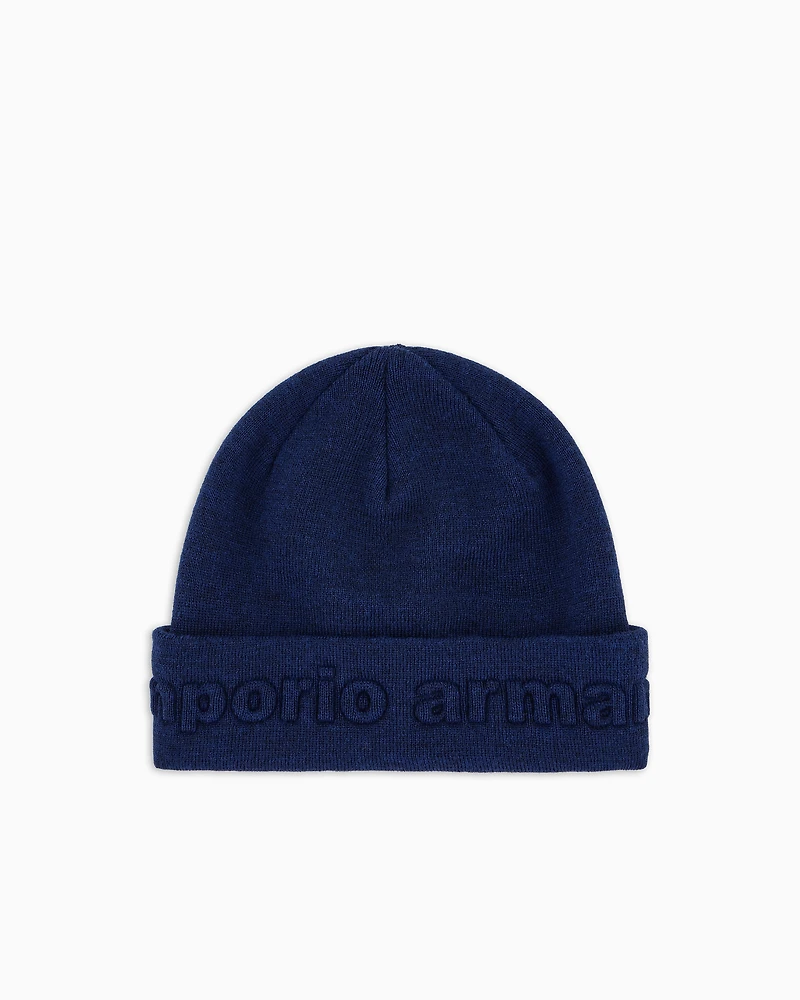 Emporio Armani - Virgin wool-blend beanie with logo, Boy, Blue, Size: