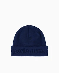 Emporio Armani - Virgin wool-blend beanie with logo, Boy, Blue, Size: