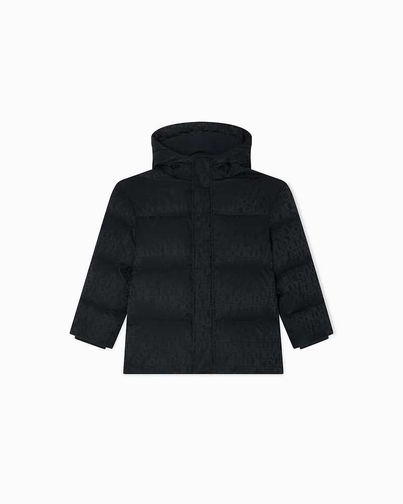 Emporio Armani - ASV jacquard nylon hooded down jacket with all-over logo, Boy, Navy Blue, Size: