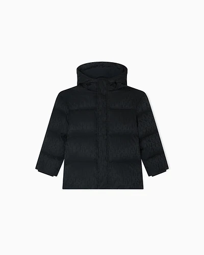 Emporio Armani - ASV jacquard nylon hooded down jacket with all-over logo, Boy, Navy Blue, Size: