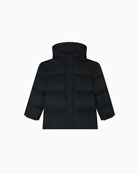 Emporio Armani - ASV jacquard nylon hooded down jacket with all-over logo, Boy, Navy Blue, Size: