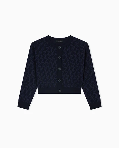 Emporio Armani - Cardigan a jacquard knit with an all-over EA logo, Girl, Blue, Size: