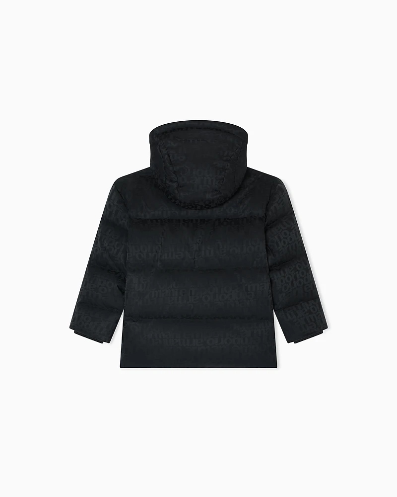 Emporio Armani - ASV jacquard nylon hooded down jacket with all-over logo, Boy, Navy Blue, Size: