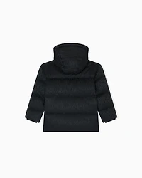 Emporio Armani - ASV jacquard nylon hooded down jacket with all-over logo, Boy, Navy Blue, Size: