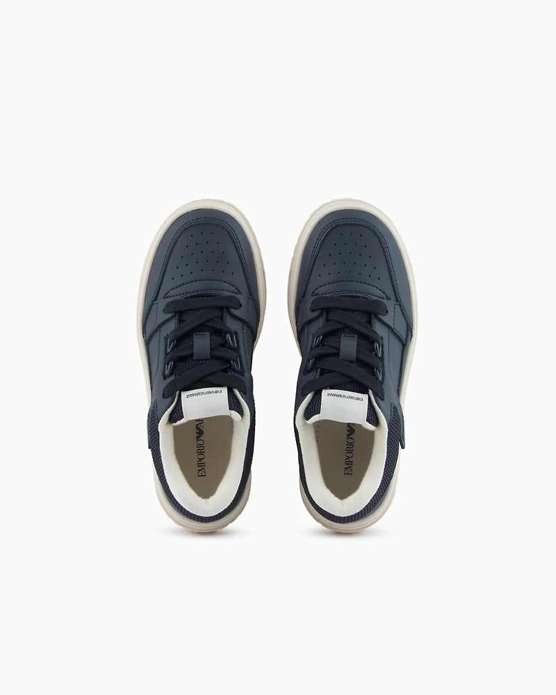 Emporio Armani - Leather sneakers with mesh details, Boy, Navy Blue, Size: