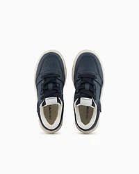 Emporio Armani - Leather sneakers with mesh details, Boy, Navy Blue, Size:
