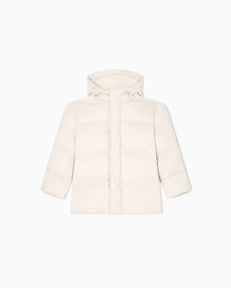 Emporio Armani - ASV jacquard nylon hooded down jacket with all-over logo, Boy, Beige, Size: