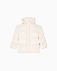 Emporio Armani - ASV jacquard nylon hooded down jacket with all-over logo, Boy, Beige, Size: