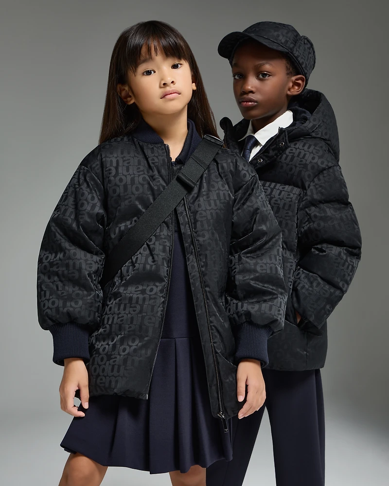 Emporio Armani - ASV jacquard nylon hooded down jacket with all-over logo, Boy, Navy Blue, Size: