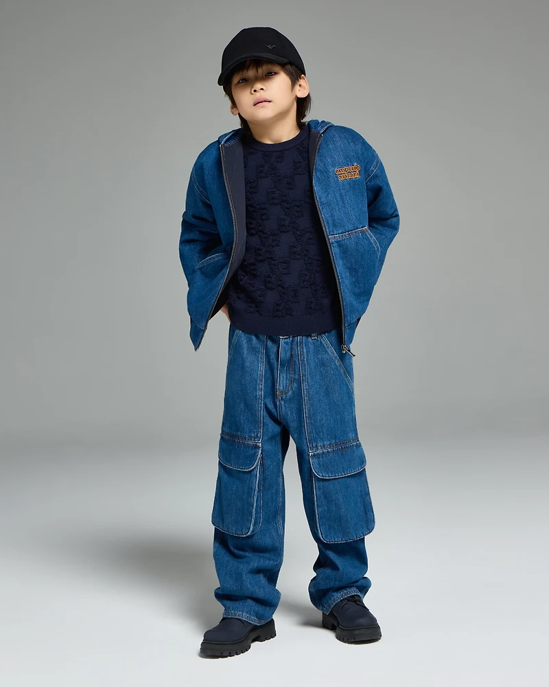 Emporio Armani - Denim zip-up blouson with hood and logo embroidery, Boy, Blue, Size: