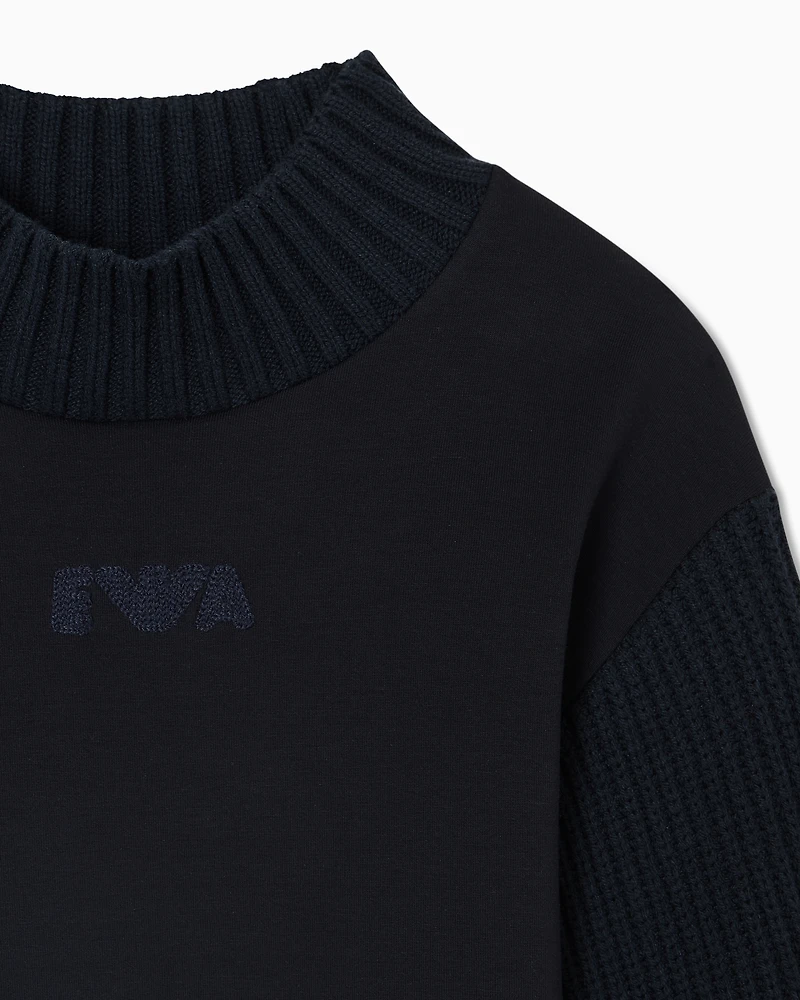 Emporio Armani - Double jersey dress with knit sleeves, Girl, Navy Blue, Size: