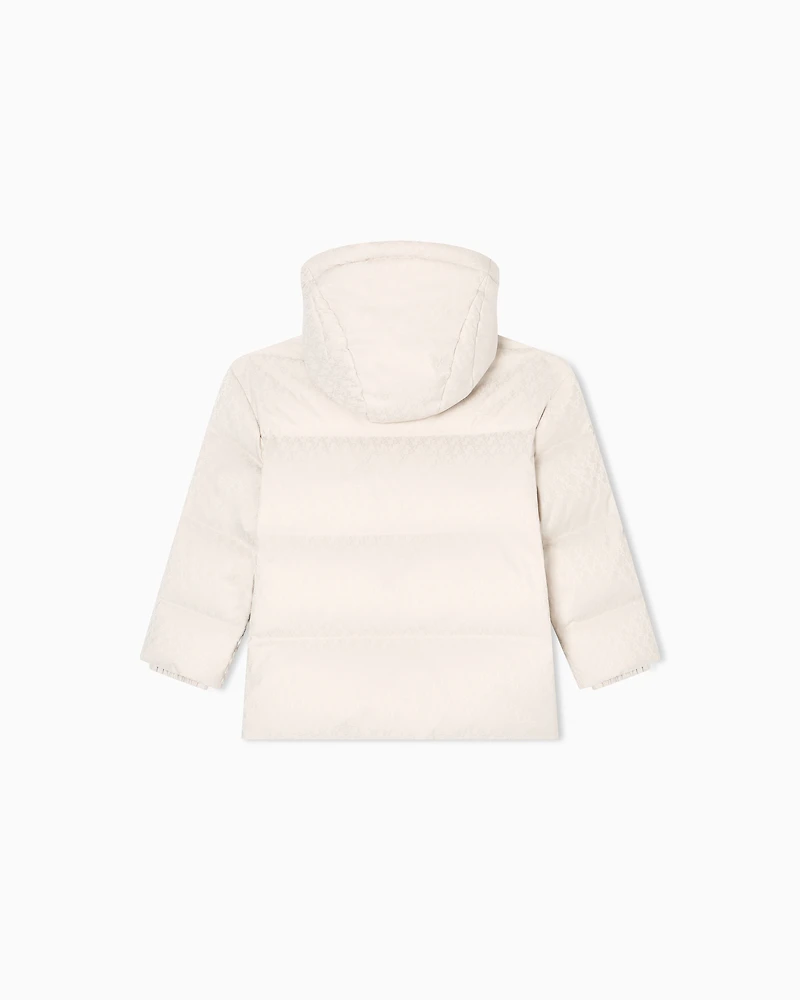 Emporio Armani - ASV jacquard nylon hooded down jacket with all-over logo, Boy, Beige, Size: