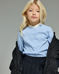 Emporio Armani - Striped poplin shirt with guru collar, Girl, Light_blue, Size: