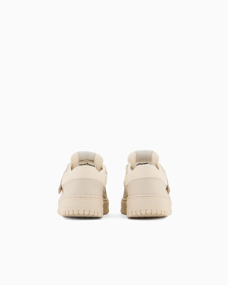 Emporio Armani - Leather sneakers with mesh details, Boy, Beige, Size: