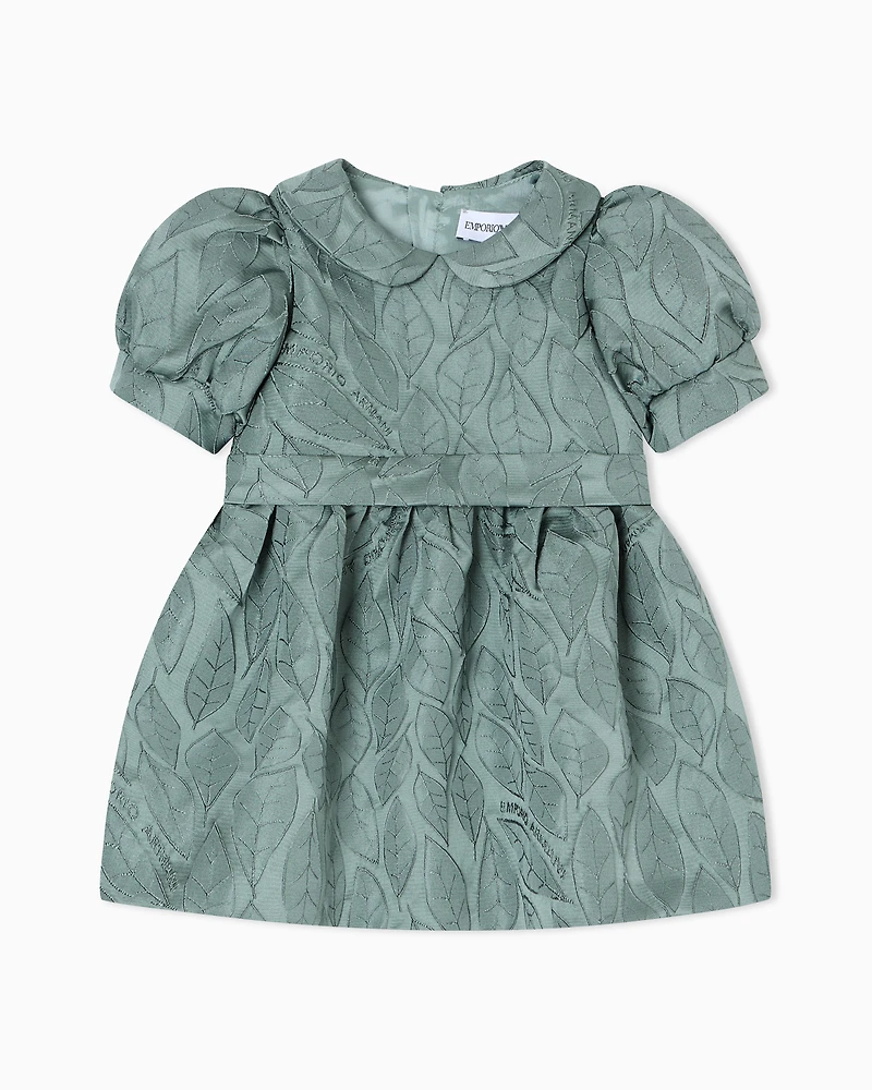 Emporio Armani - Leaf design jacquard dress with puff sleeves, Girl, Green, Size: