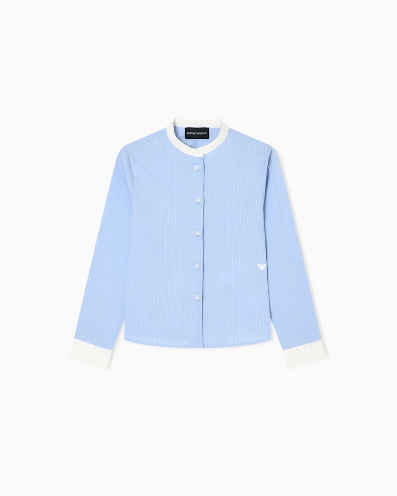 Emporio Armani - Striped poplin shirt with guru collar, Girl, Light_blue, Size: