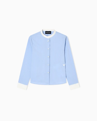 Emporio Armani - Striped poplin shirt with guru collar, Girl, Light Blue, Size: