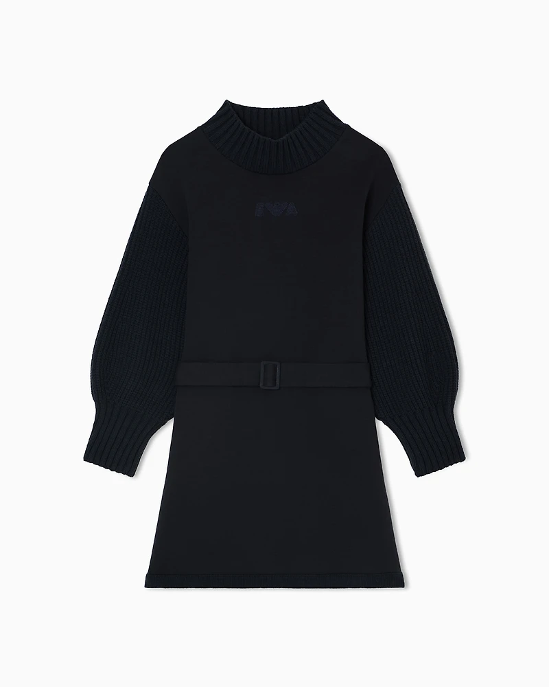 Emporio Armani - Double jersey dress with knit sleeves, Girl, Navy Blue, Size: