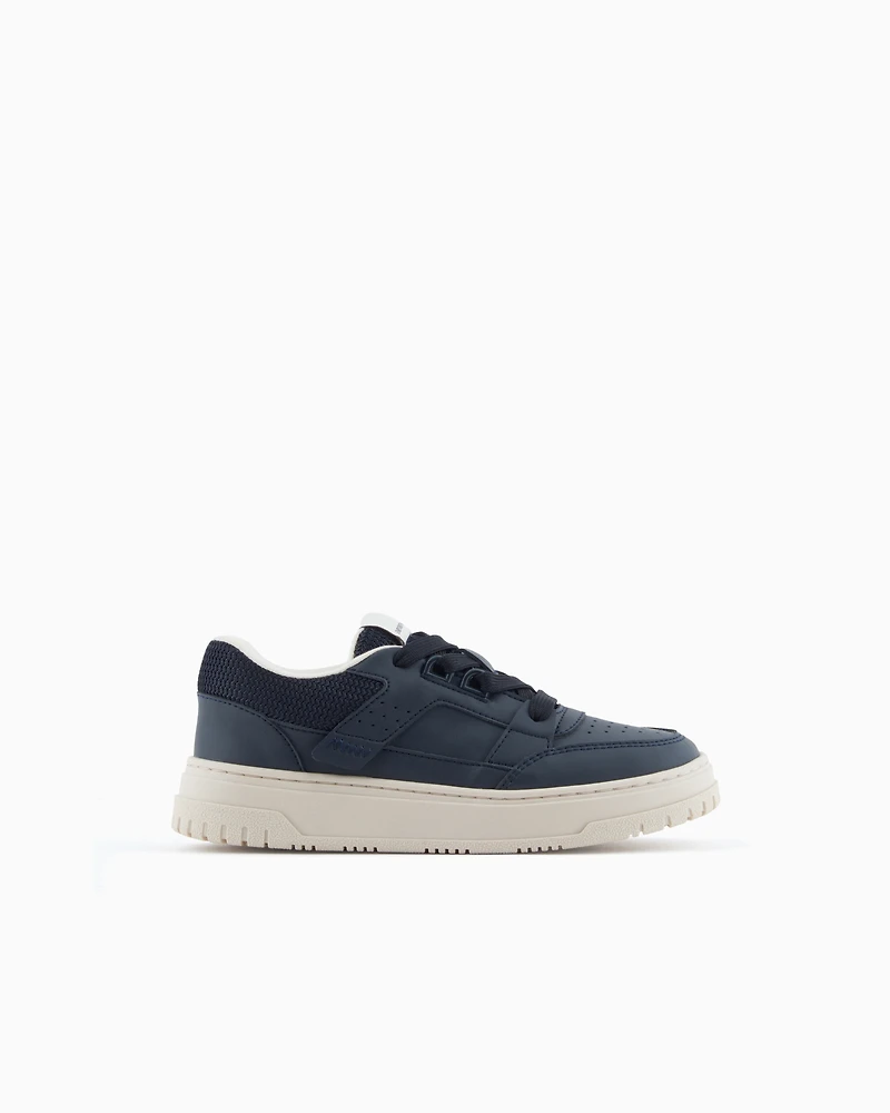 Emporio Armani - Leather sneakers with mesh details, Boy, Navy Blue, Size: