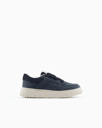Emporio Armani - Leather sneakers with mesh details, Boy, Navy Blue, Size: