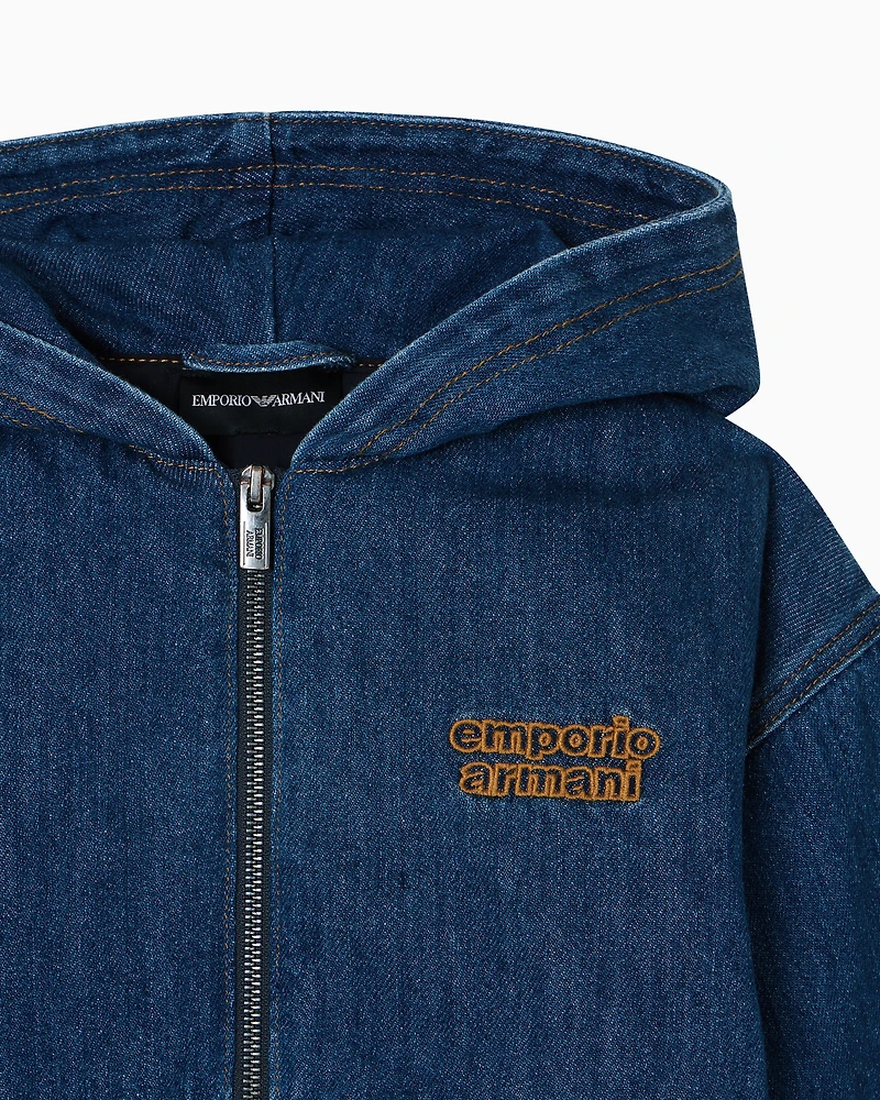 Emporio Armani - Denim zip-up blouson with hood and logo embroidery, Boy, Blue, Size: