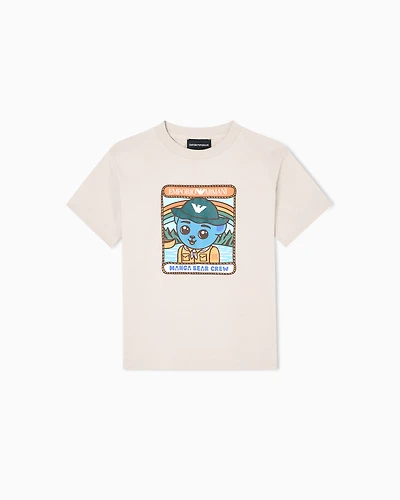 Emporio Armani - ASV comfort-fit jersey T-shirt with Manga Bear Crew print, Boy, Beige, Size: