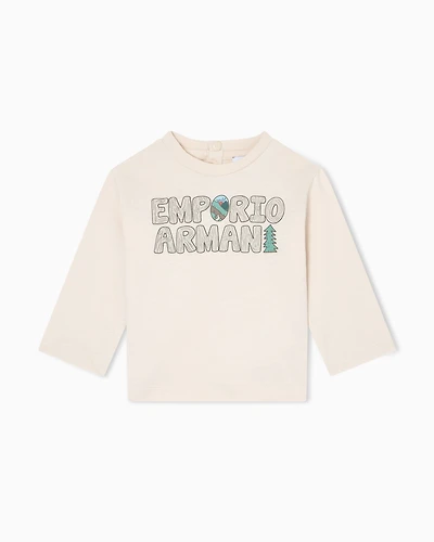 Emporio Armani - ASV long-sleeved jersey T-shirt with logo print, Boy, Beige, Size: