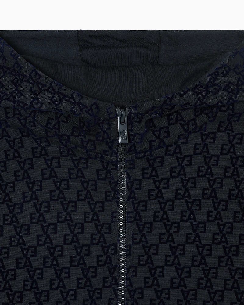 Emporio Armani - Oversized sweatshirt with a zip and hood, interlock jersey an all-over flocked EA logo, Boy, Navy Blue, Size: