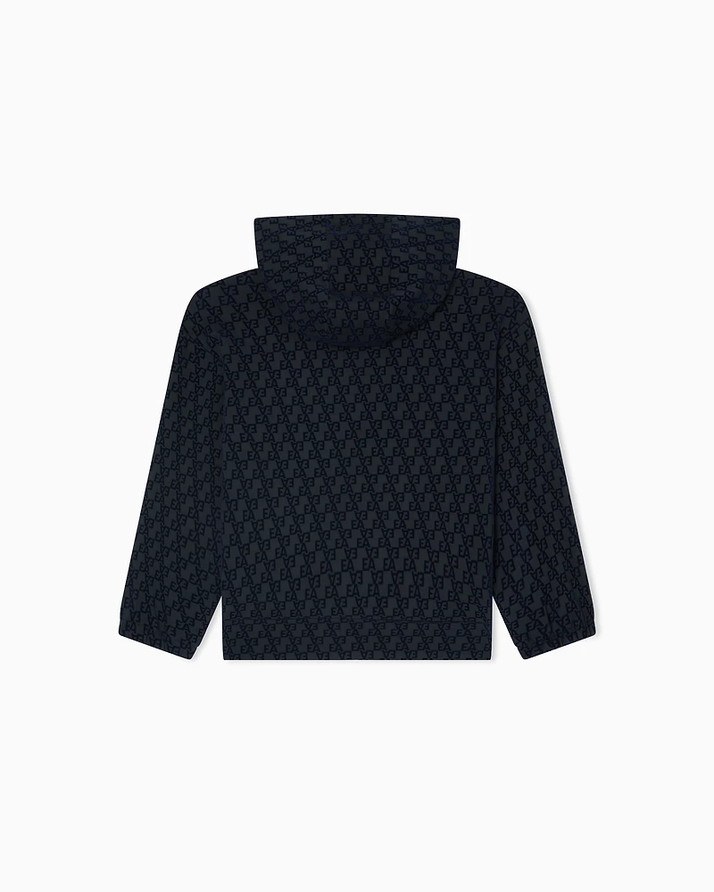 Emporio Armani - Oversized sweatshirt with a zip and hood, interlock jersey an all-over flocked EA logo, Boy, Navy Blue, Size:
