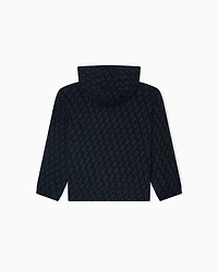 Emporio Armani - Oversized sweatshirt with a zip and hood, interlock jersey an all-over flocked EA logo, Boy, Navy Blue, Size: