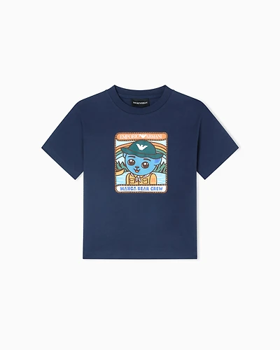 Emporio Armani - ASV comfort-fit jersey T-shirt with Manga Bear Crew print, Boy, Blue, Size: