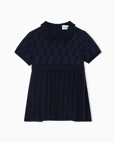 Emporio Armani - Knit dress with all-over EA logo jacquard, Girl, Blue, Size: