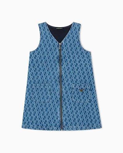 Emporio Armani - Interlock jersey dress with all-over EA logo print, Girl, Blue, Size:
