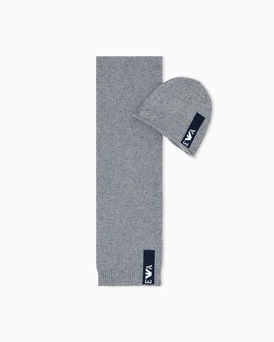 Emporio Armani - Wool-blend beanie and scarf set with jacquard logo, Boy, Grey, Size: