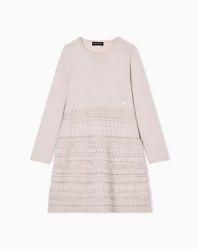 Emporio Armani - Wool-blend knit dress with micro ruffles, Girl, Beige, Size:
