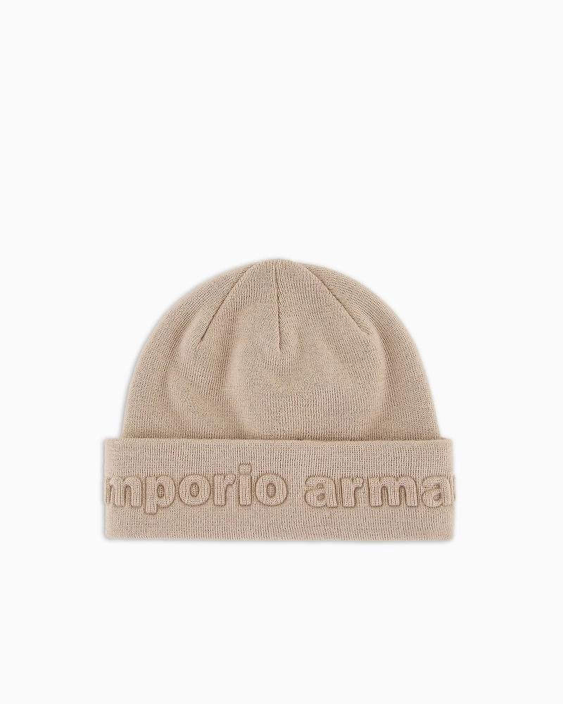 Emporio Armani - Virgin wool-blend beanie with logo, Boy, Beige, Size: