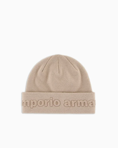 Emporio Armani - Virgin wool-blend beanie with logo, Boy, Beige, Size: