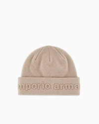 Emporio Armani - Virgin wool-blend beanie with logo, Boy, Beige, Size: