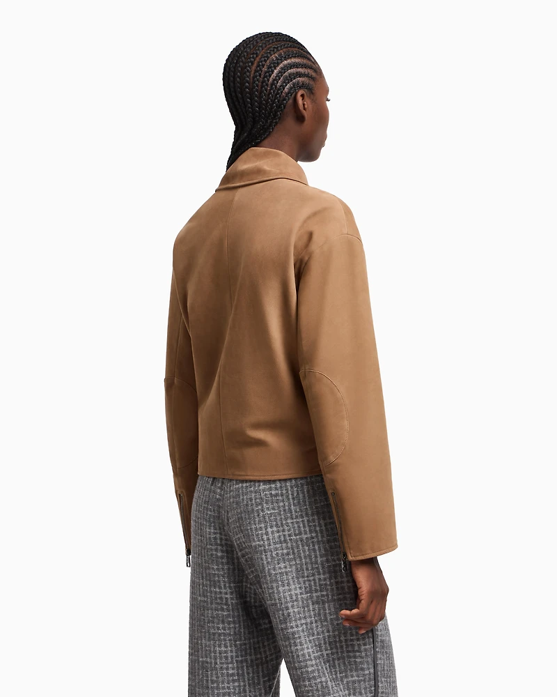 Emporio Armani - Icon nubuck calf leather biker jacket, Woman, Beige, Size: