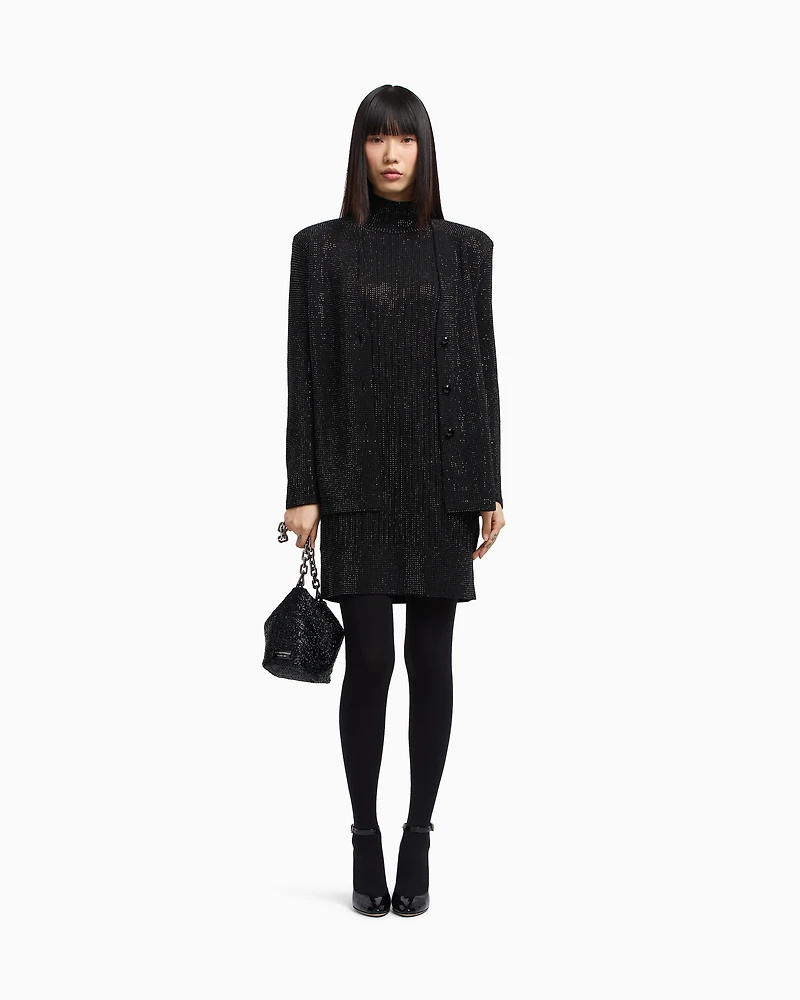 Emporio Armani - Virgin wool-blend plain-knit cardigan with all-over rhinestones, Woman, Black, Size: