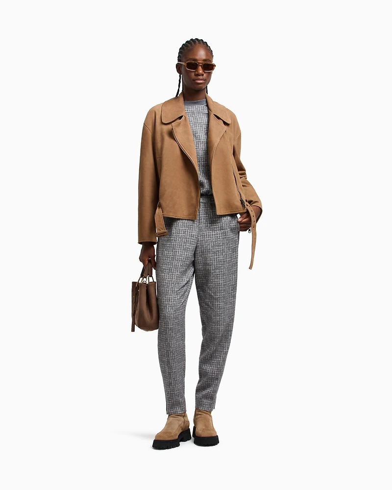 Emporio Armani - Icon nubuck calf leather biker jacket, Woman, Beige, Size: