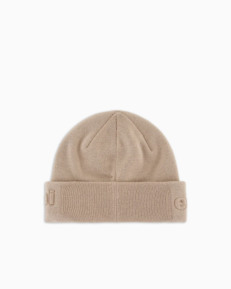 Emporio Armani - Virgin wool-blend beanie with logo, Boy, Beige, Size: