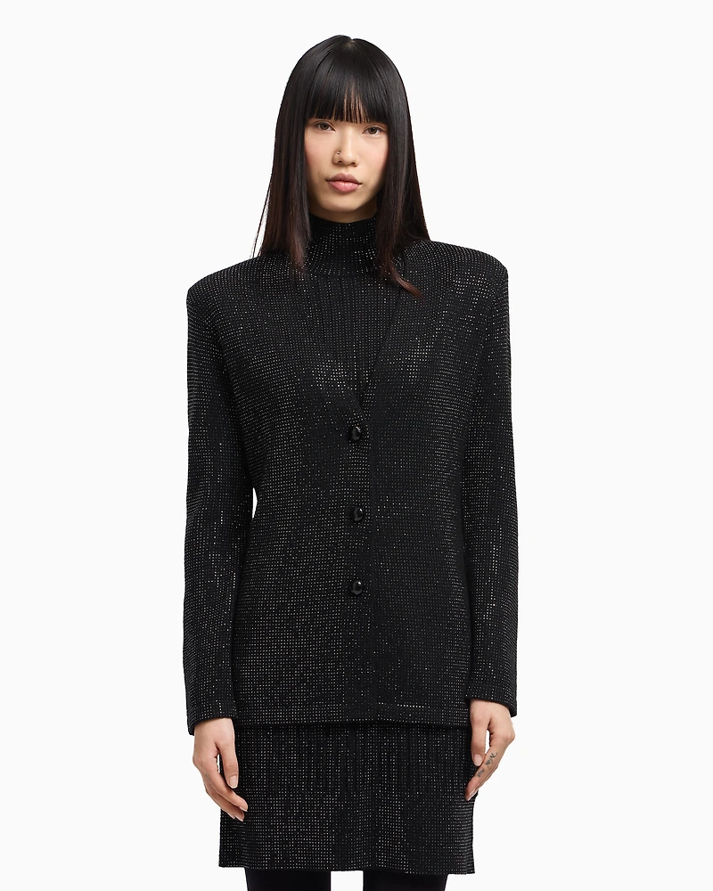 Emporio Armani - Virgin wool-blend plain-knit cardigan with all-over rhinestones, Woman, Black, Size: