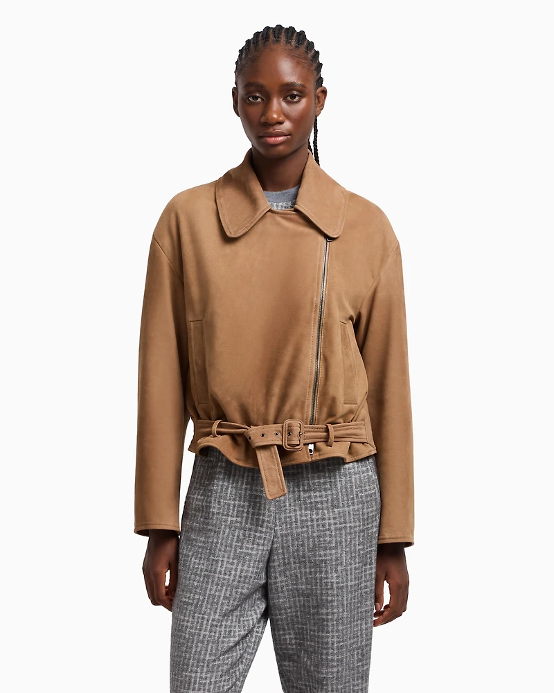 Emporio Armani - Icon nubuck calf leather biker jacket, Woman, Beige, Size: