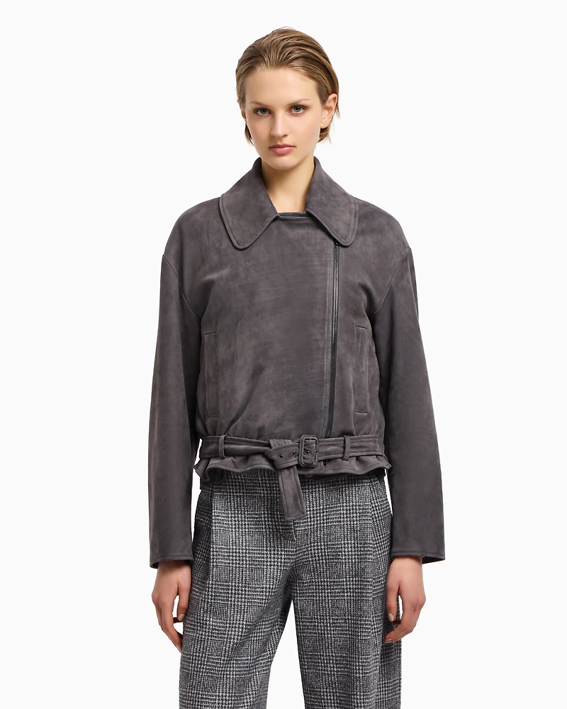 Emporio Armani - Icon nubuck calf leather biker jacket, Woman, Grey, Size: